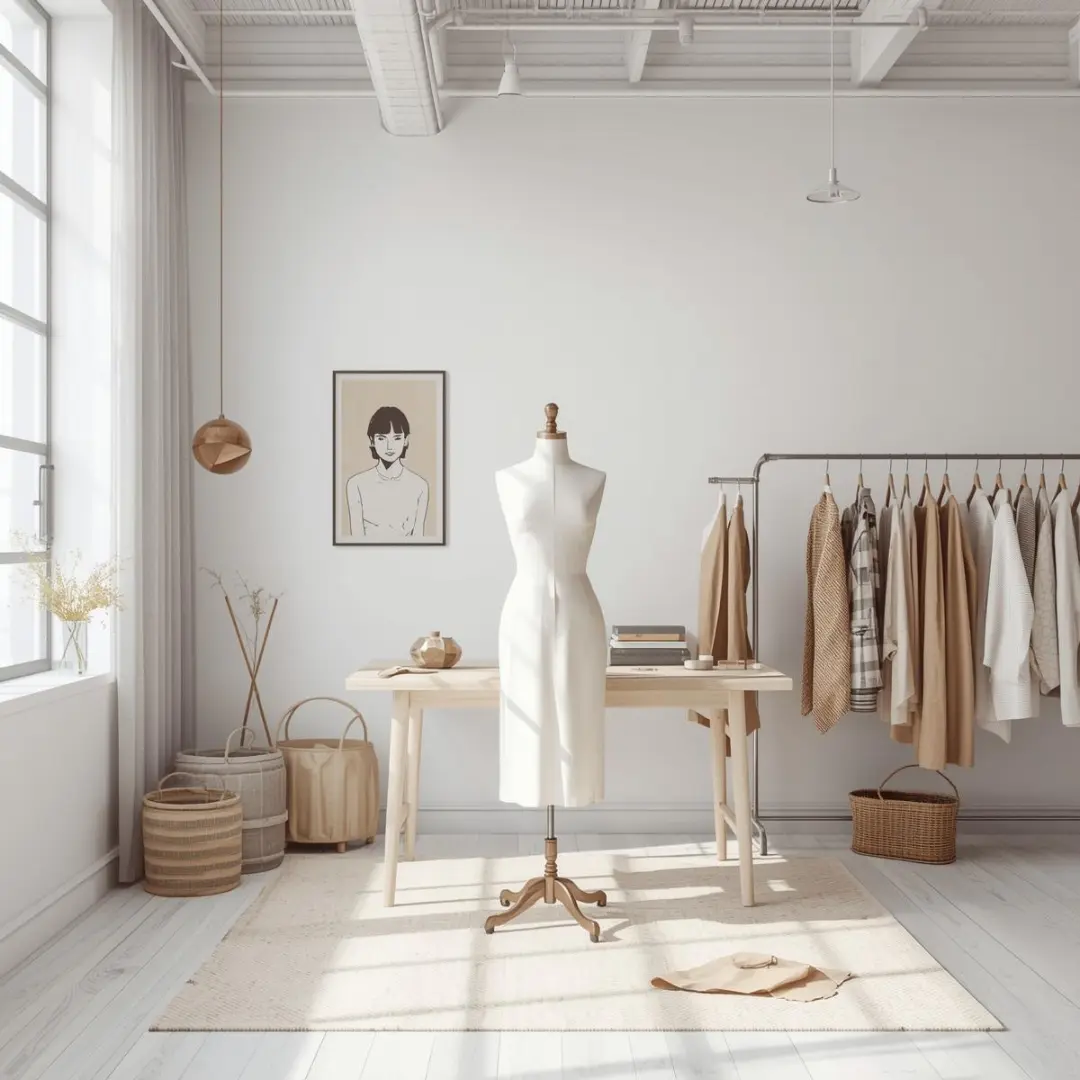 Professional tailoring workspace with fabrics and threads